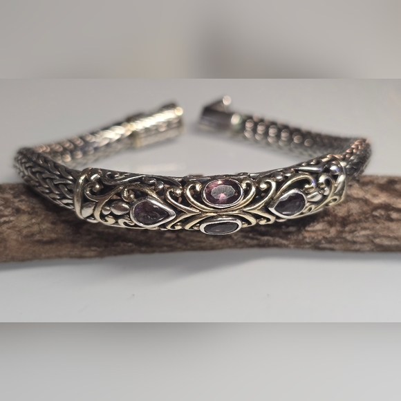Samuel B. Behnam Sterling Silver and 18K Gold and Amethyst Bracelet. 7.5" - Picture 2 of 9